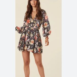 NWOT Spell Dark Floral V-Neck Long Sleeve Mini Dress — Pink, Cream, Green